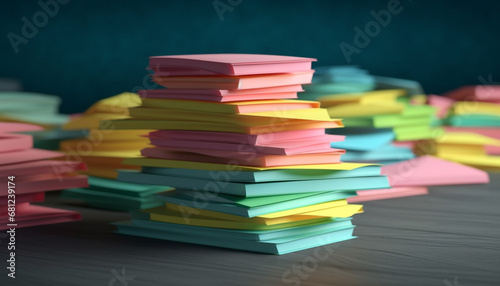 A large heap of multi colored textbooks on a wooden table generated by AI