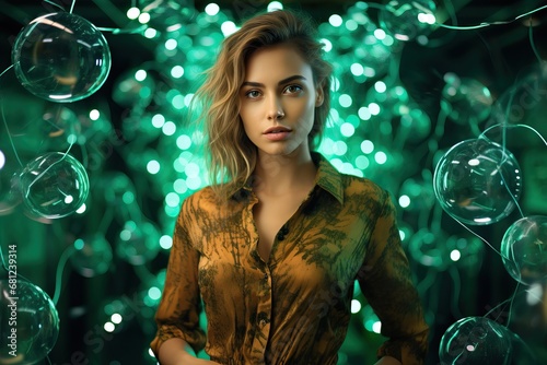 Professional Close-Up of a  Woman Standing in Front of some Green Neon Immaginary Connections Dressed in Green Clothes. photo