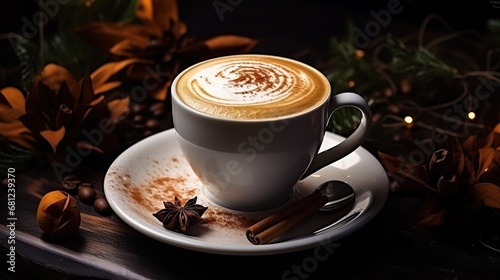 Close up of Latte Art on a Cappuccino in a White Cup Placed on a Dark Wooden Table in a Dark Room Next to some Cinnamon.