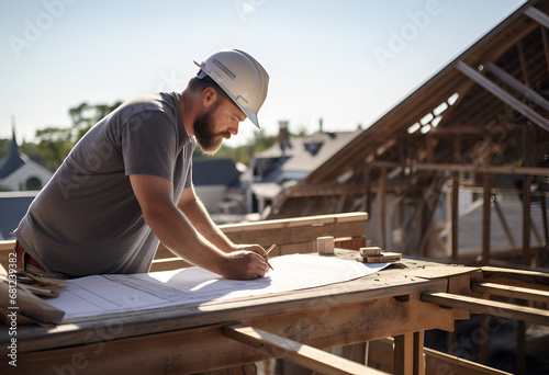 An architect scrutinizes building plans on a roof