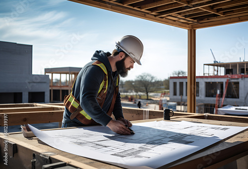 An architect scrutinizes building plans on a roof