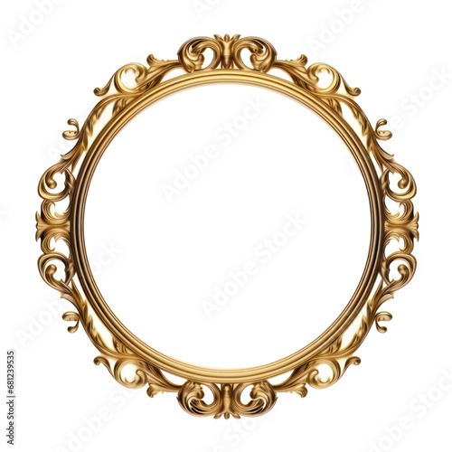 Vintage circle royal gold frame from the Middle Ages with Western floral patterns. A Victorian-era royal frame with decorative scrolls on a transparent background.