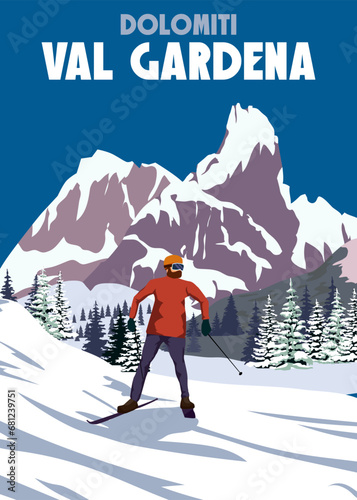 Vintage Travel poster Ski Val Gardena resort. Italy winter landscape travel card
