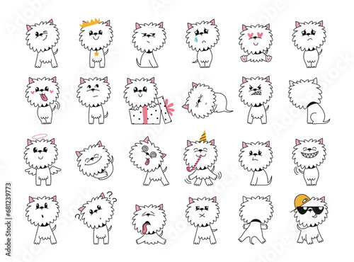 Set of cute white dogs with different emotions and poses. Westy. Funny pet. Vector doodle illustration