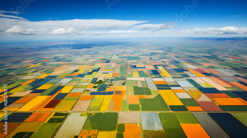 Aerial view of large agricultural area, patchwork fields