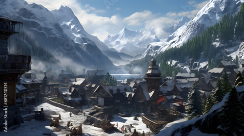 Snowy Alpine village nestled in mountains, bird's-eye view
