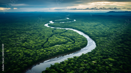Amazon rainforest with winding river, high-altitude shot