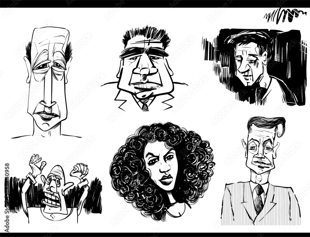 black and white people portraits cartoon sketch illustrations set