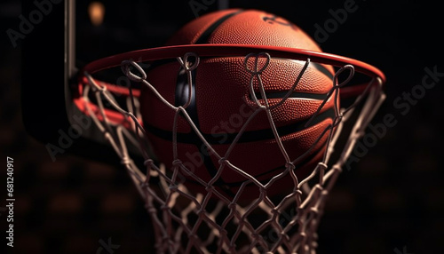 Basketball ball dribbling through basketball hoop in competitive sport success generated by AI
