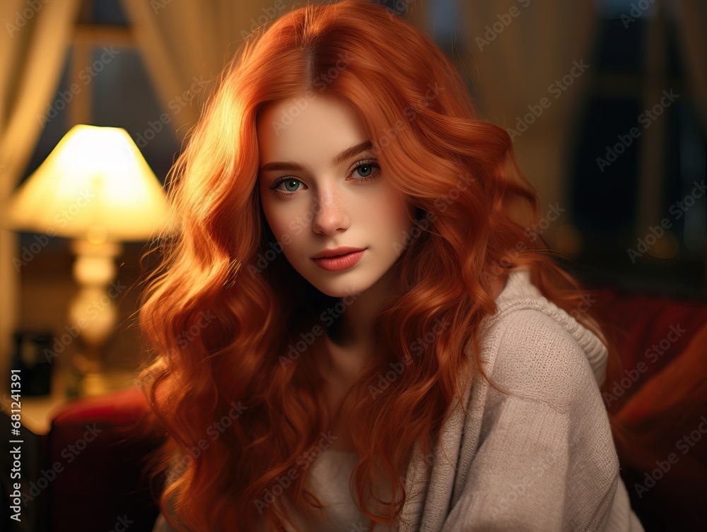 A Beutiful and Fascinating Ginger Long Haired Teenager Looking at the Camera While Sitting on a Couch.