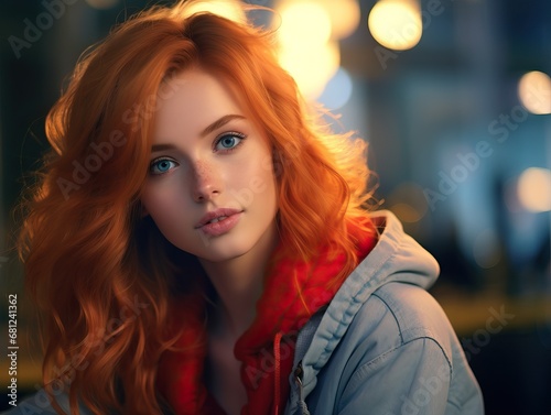 A Beutiful and Fascinating Ginger Long Haired Teenager Looking at the Camera While Sitting on a Couch.