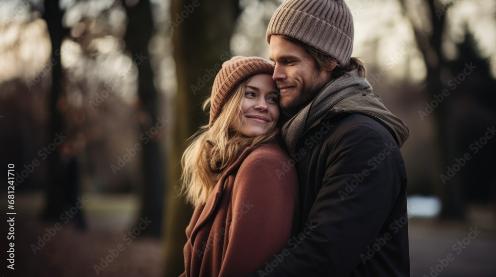 Fototapeta premium Young man affectionately hugging his girlfriend from behind in a park at sunset.