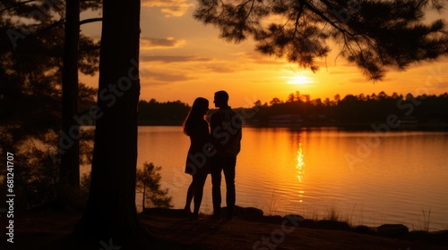 Silhouette of a couple on the shore of a lake at sunset.