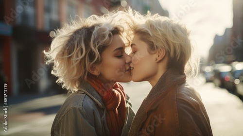 Lesbian couple kissing on a city street at sunset