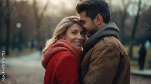 Caucasian woman looking at camera, hugging her boyfriend