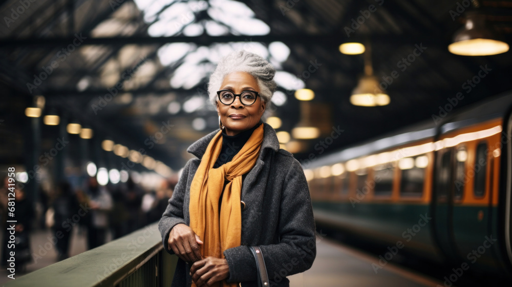 A stylish mature Black woman stands confidently at the train station, her attire adding vibrancy to her elegant ensemble, perfect blend of chic sophistication and comfortable travel wear A stylish mature Black woman stands confidently at the train station, her attire adding vibrancy to her elegant ensemble, perfect blend of chic sophistication and comfortable travel wear