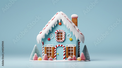 Gingerbread christmas house with colorful candy isolated on light blue background, copy space photo