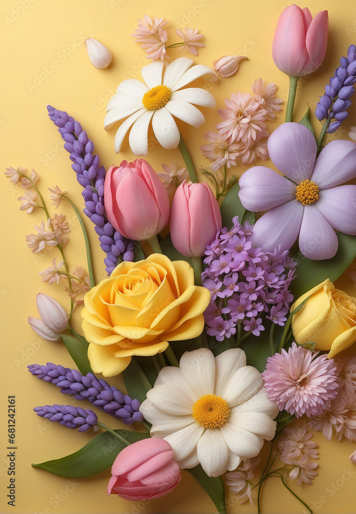 Flowers, roses, tulips, daisies and others, on yellow background