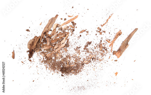 Rotten, old pieces of wood scattered, isolated on white, top view