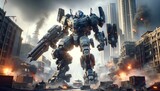 A towering mech with advanced weaponry engages in a city battle amidst explosions and smoke..