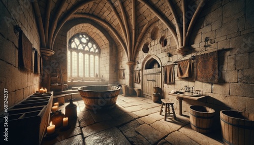 A spacious medieval castle bathroom illuminated by natural light, featuring a large wooden tub, arched stone windows, and vintage accessories...
