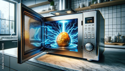 A sleek microwave displays a potato amidst visible electricity, combining modernity with a hint of science fiction... photo