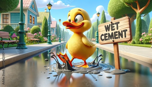 A cartoon duck looks surprised as it's stuck in wet cement next to a sign warning of the hazard..