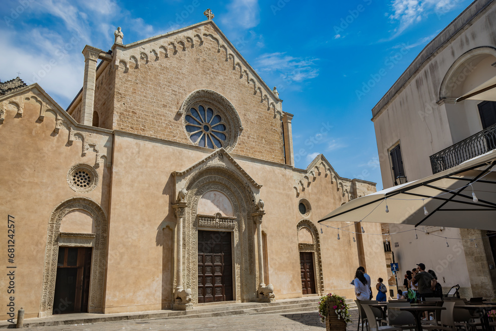 August 20, 2023 - Galatina, Lecce, Puglia, Italy. Ancient village in Salento. The ancient Basilica of Santa Caterina d'Alessandria with its beautiful frescoes. The large baroque portal.