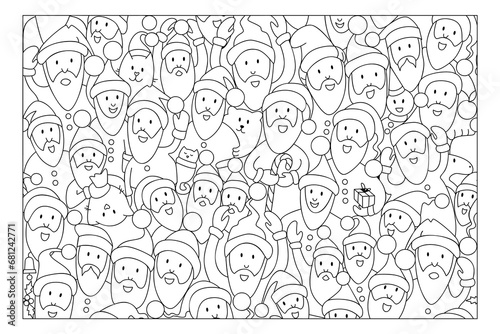 Coloring page. Crowd of Santa Clauses and animal. Christmas puzzle game for kids.  Sketch Vector illustration
