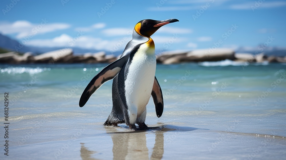 Fototapeta premium Sandy Sovereign. A King Penguin's Day by the Shore. Generative AI