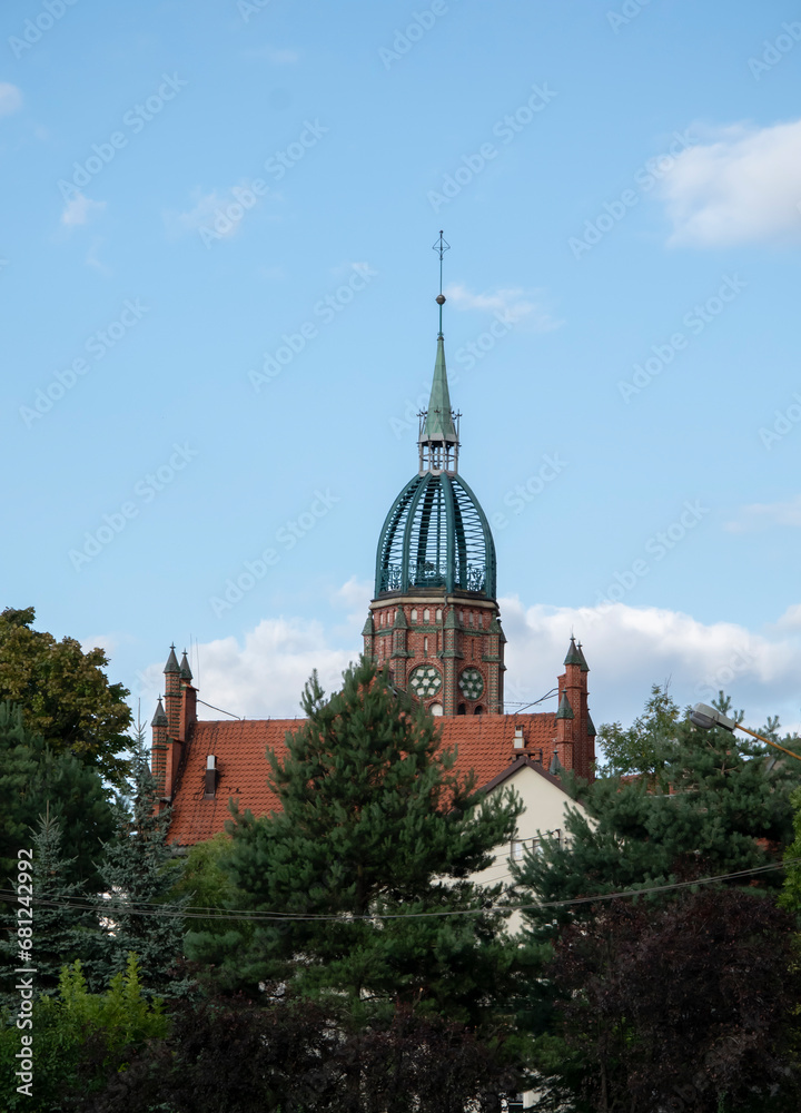 neo-Gothic tower of a building in Chorzów