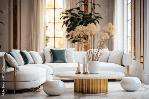 Modern living room interior design with white sofa, coffee table and flowers. Elegant Luxury Interior of Living Room of a Rich House.