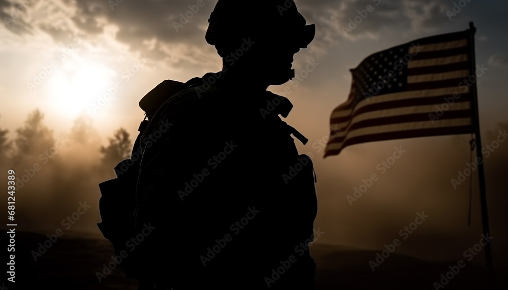 Army soldier standing backlit, saluting American flag at mountain peak generated by AI