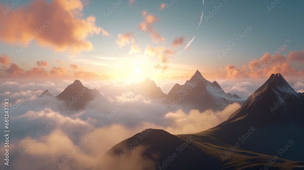 Sun rising off clouds above alpine region Ai generated art