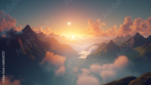 Sun rising off clouds above alpine region Ai generated art