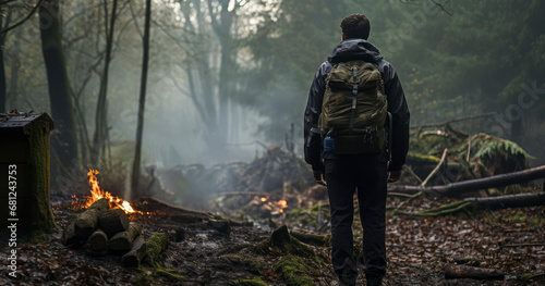 A Man exploring the nature in the forest with backpack. Essential bushcraft survival skills demonstrated in a dense forest setting. Generative AI