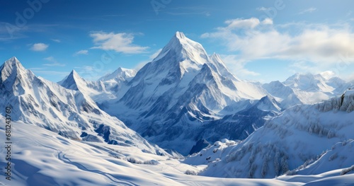 The Grandeur of Snow-Capped Mountains Reveling in the Glow of Warm Sunshine. Generative AI