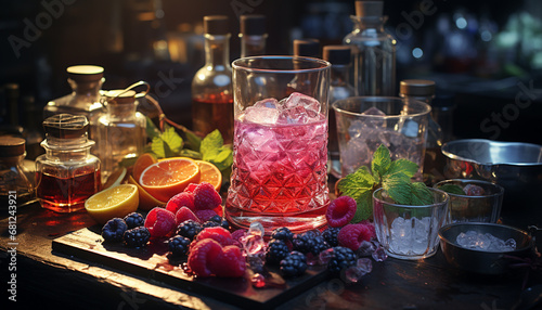 Freshness in a glass Berry cocktail on wooden table generated by AI