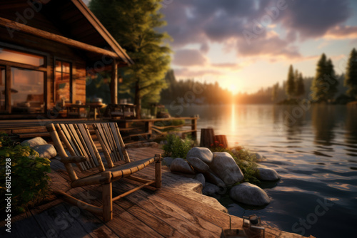 A serene lakeside cabin at sunset, creating a picturesque scene of rustic tranquility. Concept of lakeside living and relaxation. Generative Ai.