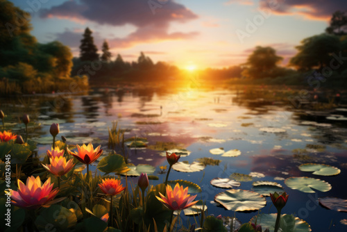 The sun setting over a serene pond  with water lilies and a tranquil atmosphere. Concept of peaceful aquatic scenes. Generative Ai.