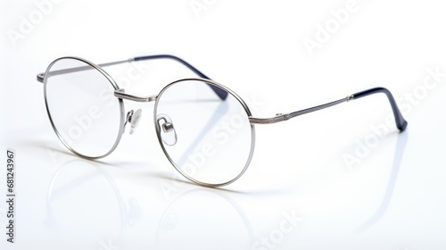 Metal glasses, prescription or reading, on clean white backdrop.
