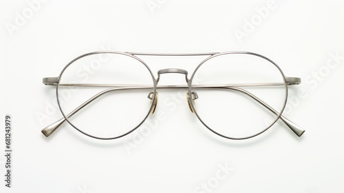 Metal glasses, prescription or reading, on clean white backdrop.