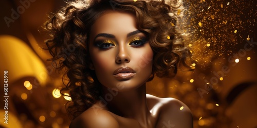 Valokuva Woman model in gold make-up in a golden background