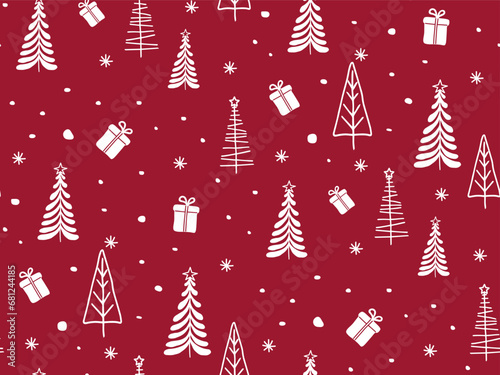 Christmas decorative seamless pattern. Doodle white outline abstract Xmas tree and gifts on red background. Hand drawn festive cute pattern for design