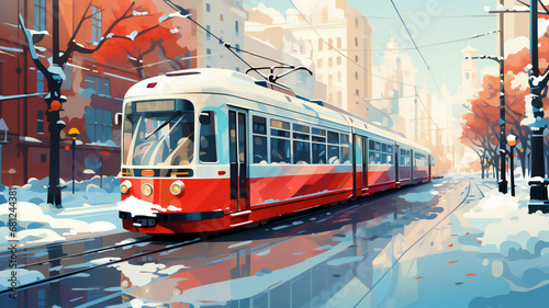 tram in the city. red tram in urban winter city. Snow covered street. Christmas and New Year season. 