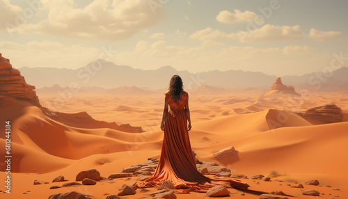 One woman, beauty in nature, walking on sand dune generated by AI
