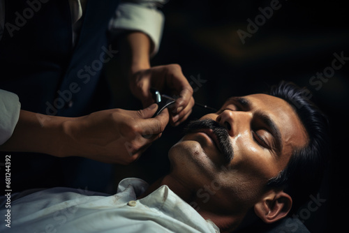 A barber's gloved hands expertly trimming and shaping a client's mustache. Concept of facial hair design and grooming. Generative Ai.