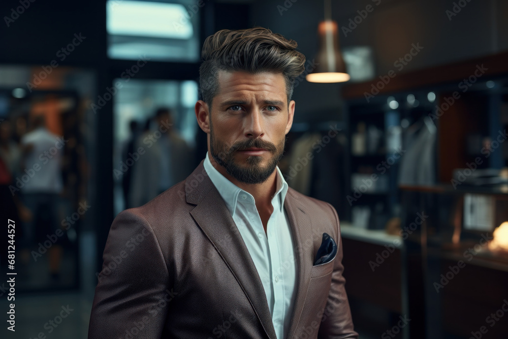 A well-groomed man leaving a barbershop, showcasing his polished appearance and confidence. Concept of self-care and personal image. Generative Ai. A well-groomed man leaving a barbershop, showcasing his polished appearance and confidence. Concept of self-care and personal image. Generative Ai.