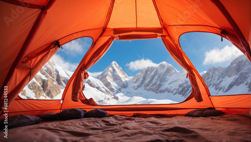 Beautiful snow mountains view from the inside of a camping orange tent