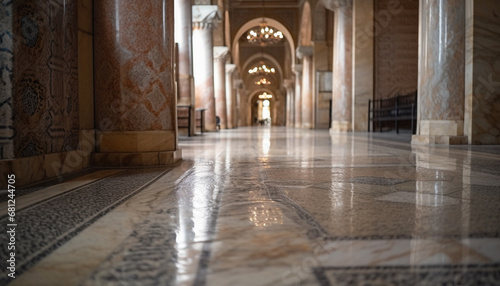 Ancient cathedral colonnade leads to vanishing point of spirituality generated by AI